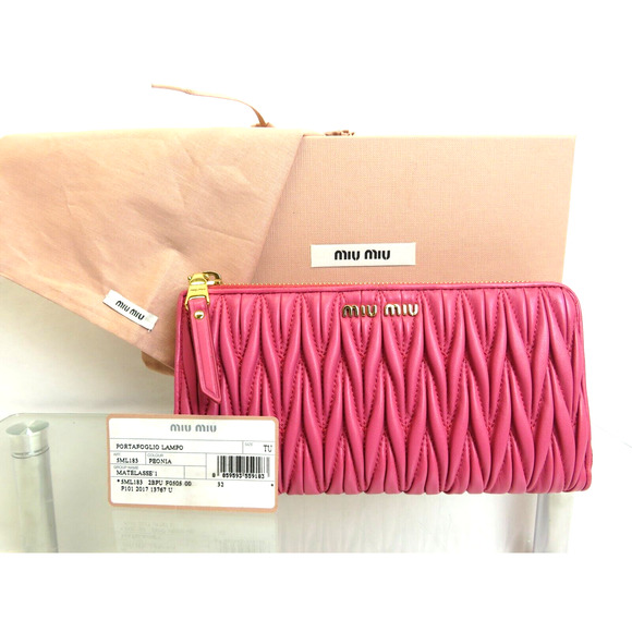 NEW MIU MIU PINK PEONIA MATELASSE LUX LEATHER ZIP GOLD LOGO CONTINENTAL WALLET